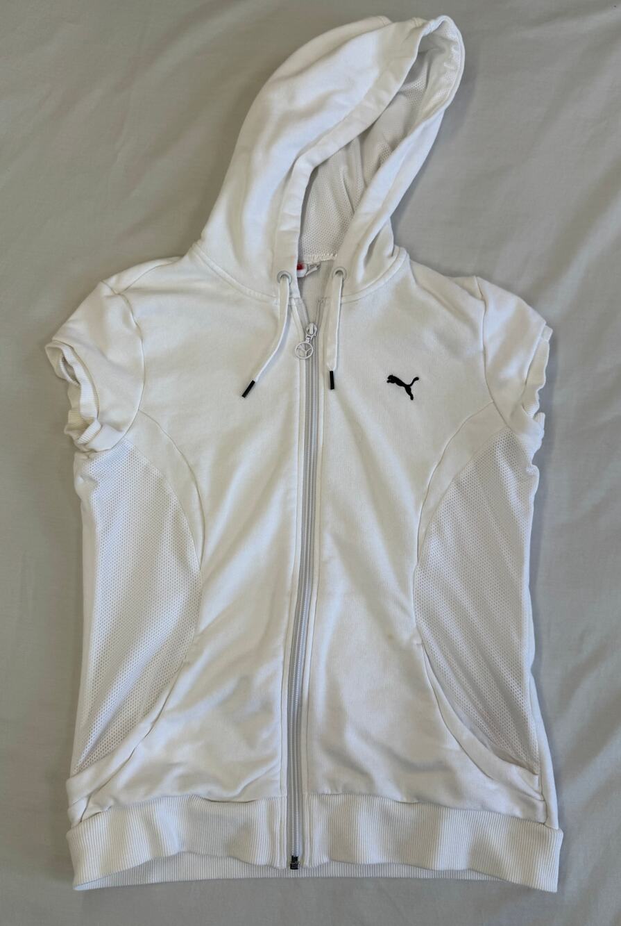 Puma Women’s White Short Sleeve Zip-Up Hoodie Size Medium Mesh Panels